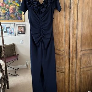 Xscape Blue Ruched Ruffled Gown